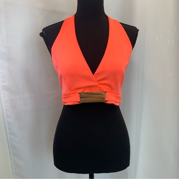 BEBE neon coral peach pink halter crop top open back Sz M NWOT - Picture 12 of 12